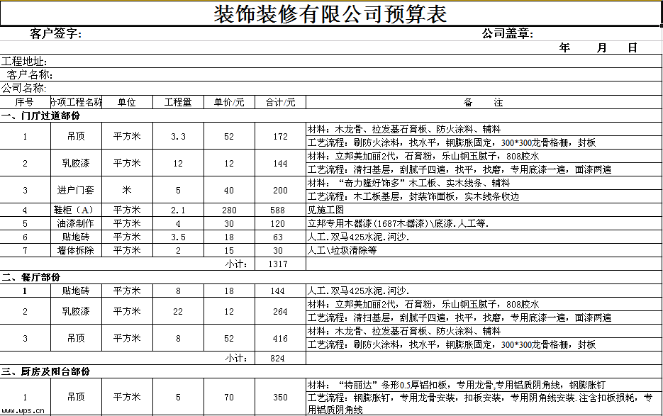 室内装修工程预算表 室内装修工程预算清单